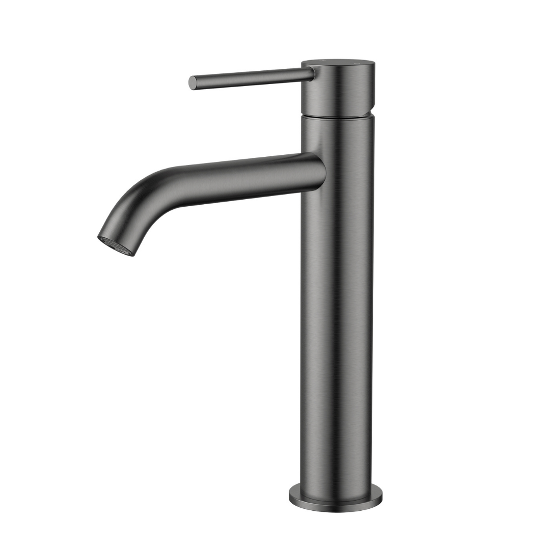 Star Mini Mid Rise Basin Mixer Curved Spout Gun Metal