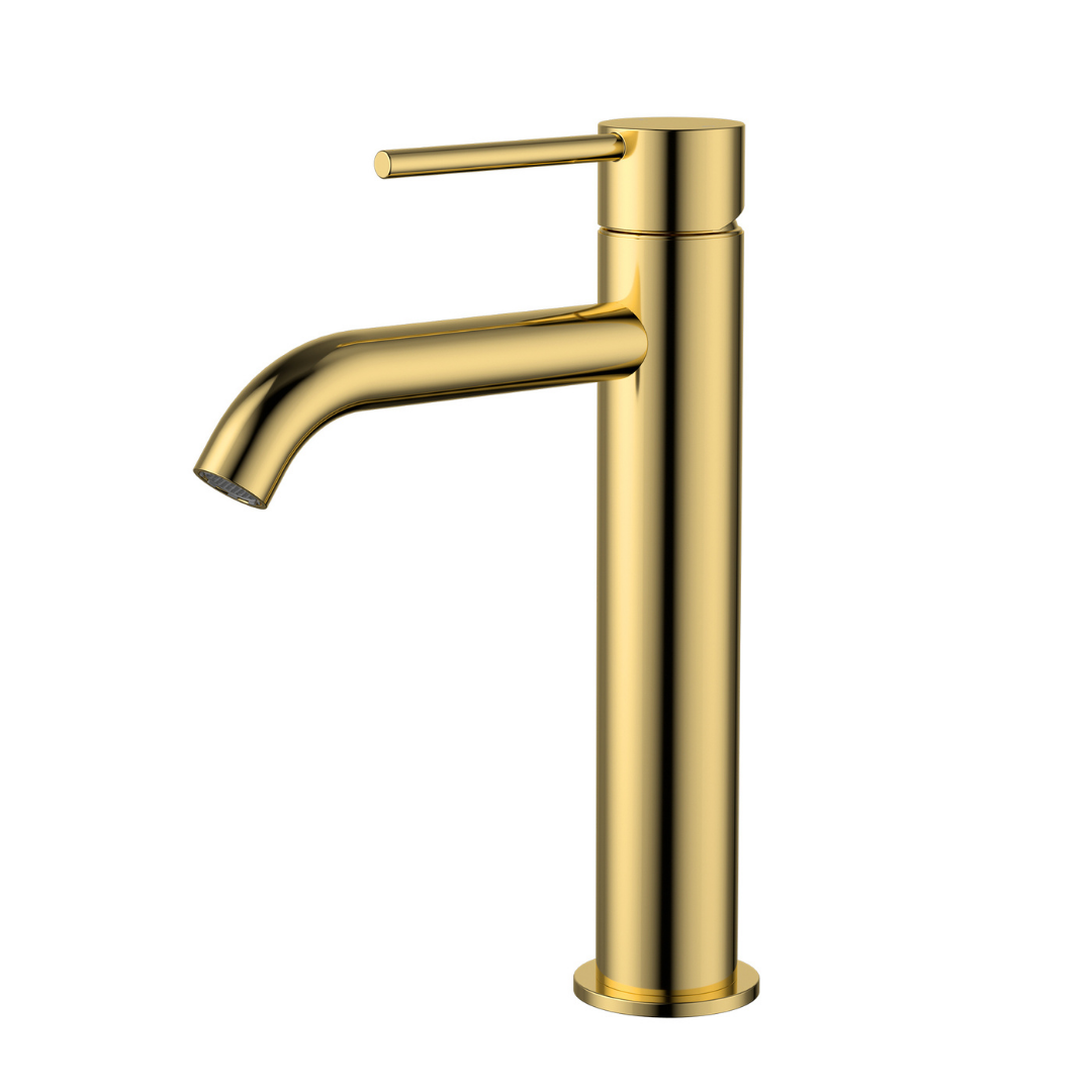 Star Mini Mid Rise Basin Mixer Curved Spout Polished Brass