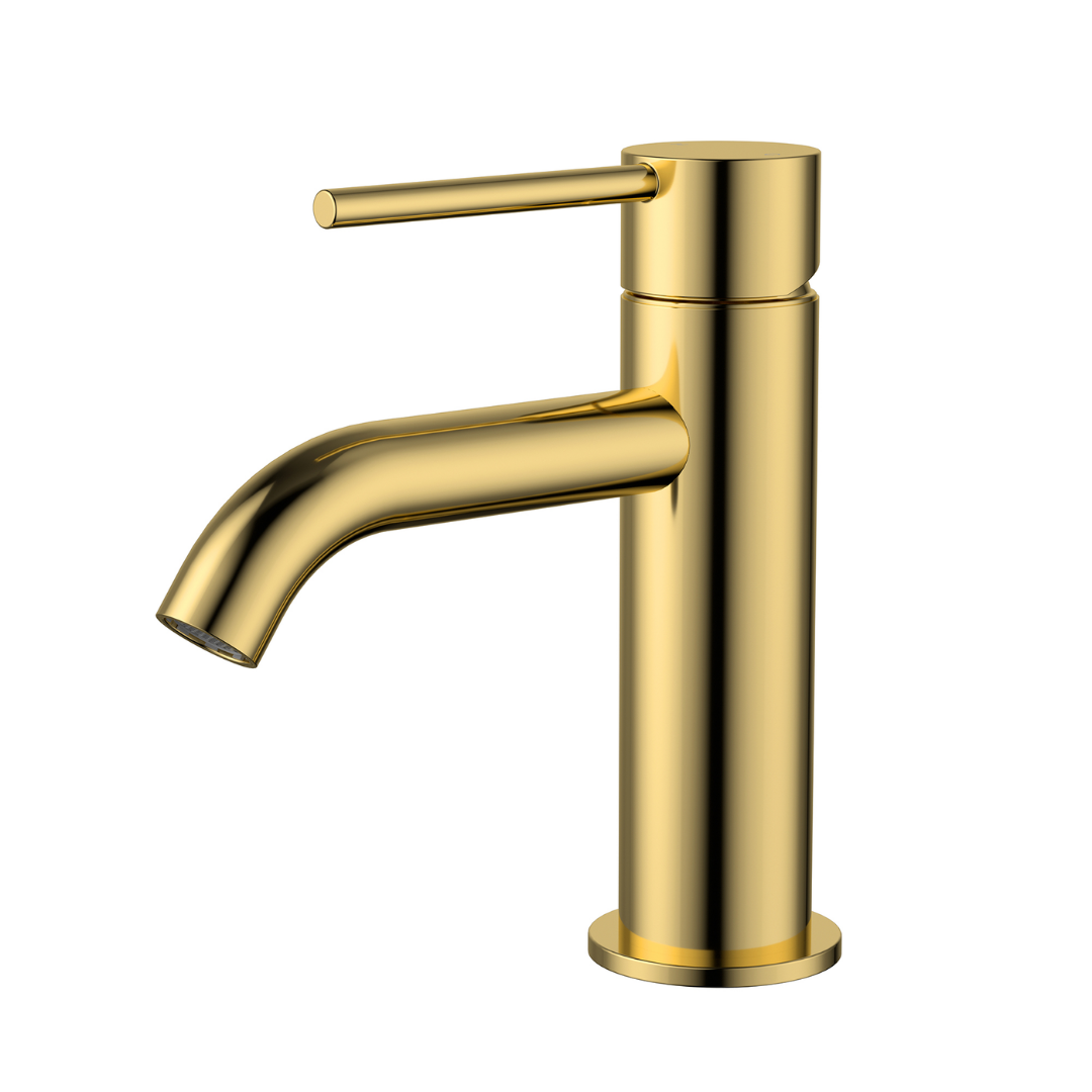 Star Mini Basin Mixer Curved Spout Polished Brass